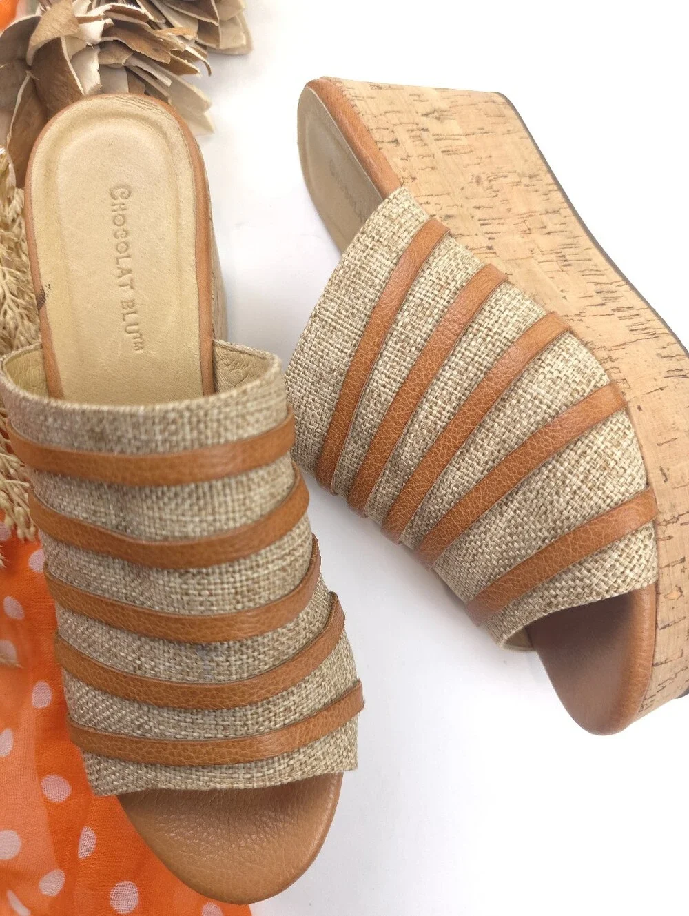 Chocolat Blu Woven Tan Cork Wedge Slide Sandals - Sz 8
